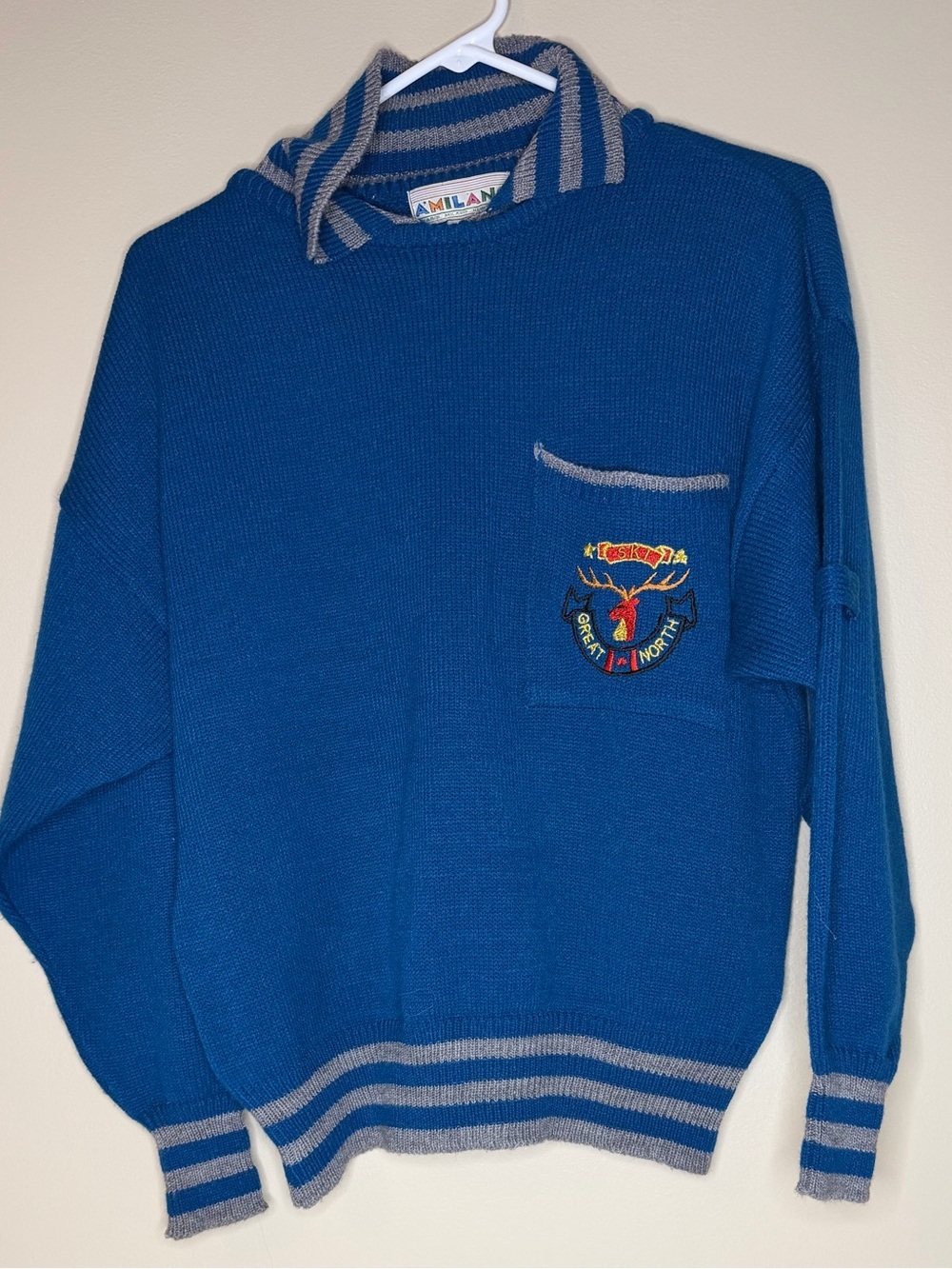 Milano Blue Crewneck Sweater with Contrast Trim and Embroidered Patch